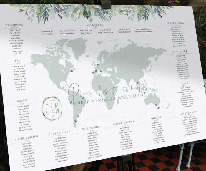 Seating plan delight - World map design with tables as places the couple have travelled too together