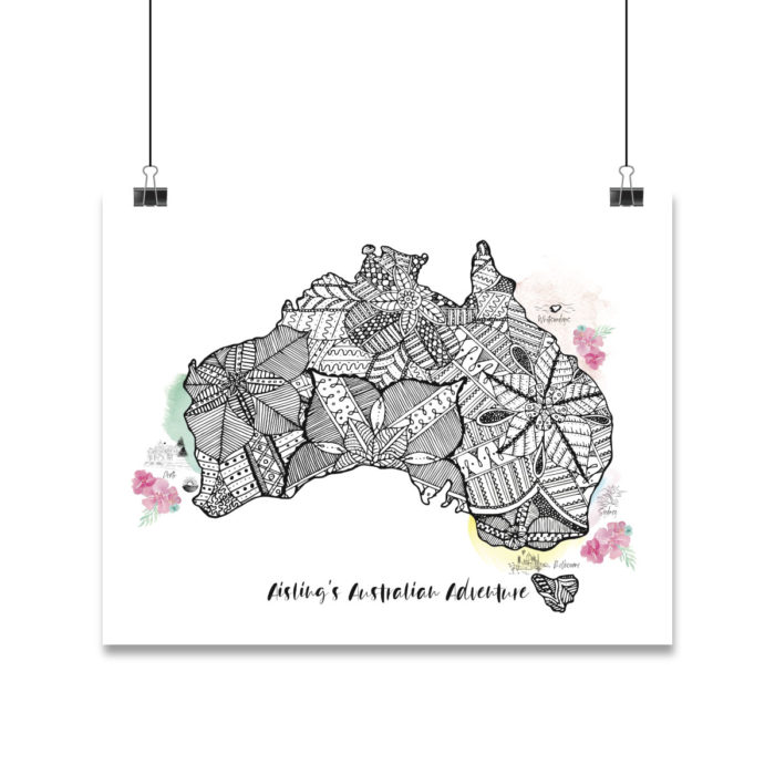 Personalised Mandala map design inside the shape of Australia and some locations within Australia are highlighted with colours and icons