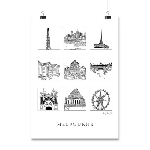 Melbourne Landmarks illustrations including flinders street station, Beach boxes and Luna Park