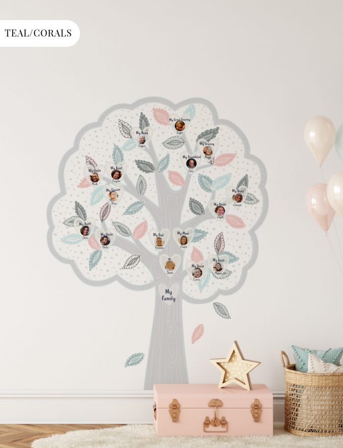 Personalised family tree wall decal - teal and coral colours