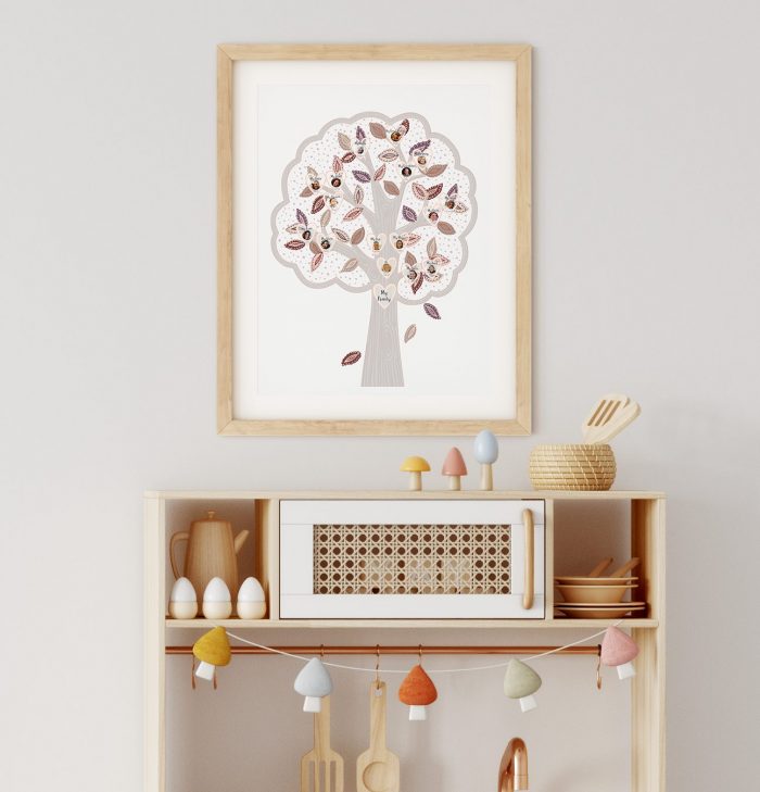 Personalised family tree frames and placed on a play room wall