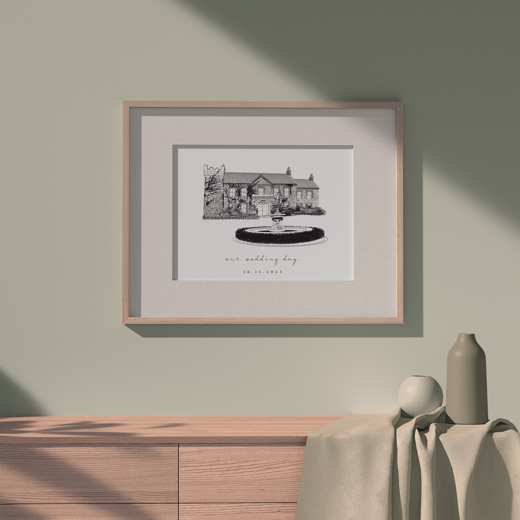 Illustration of Ballymagarvey Village Wedding Venue that can be personalised with Names and Dates. Makes the perfect Wedding or Anniversary Gift